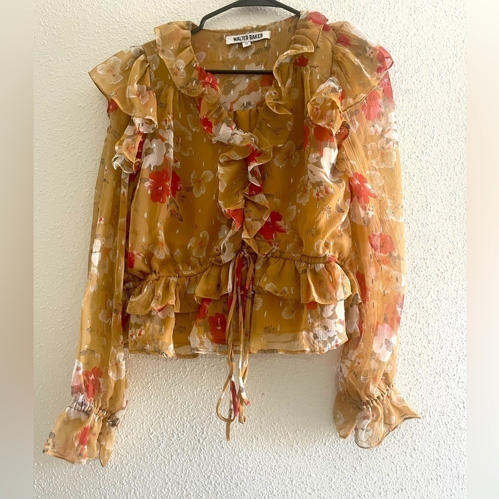 Walter Baker Ruffled Poppy Floral Print Metallic Bishop Sleeve Blouse Size M